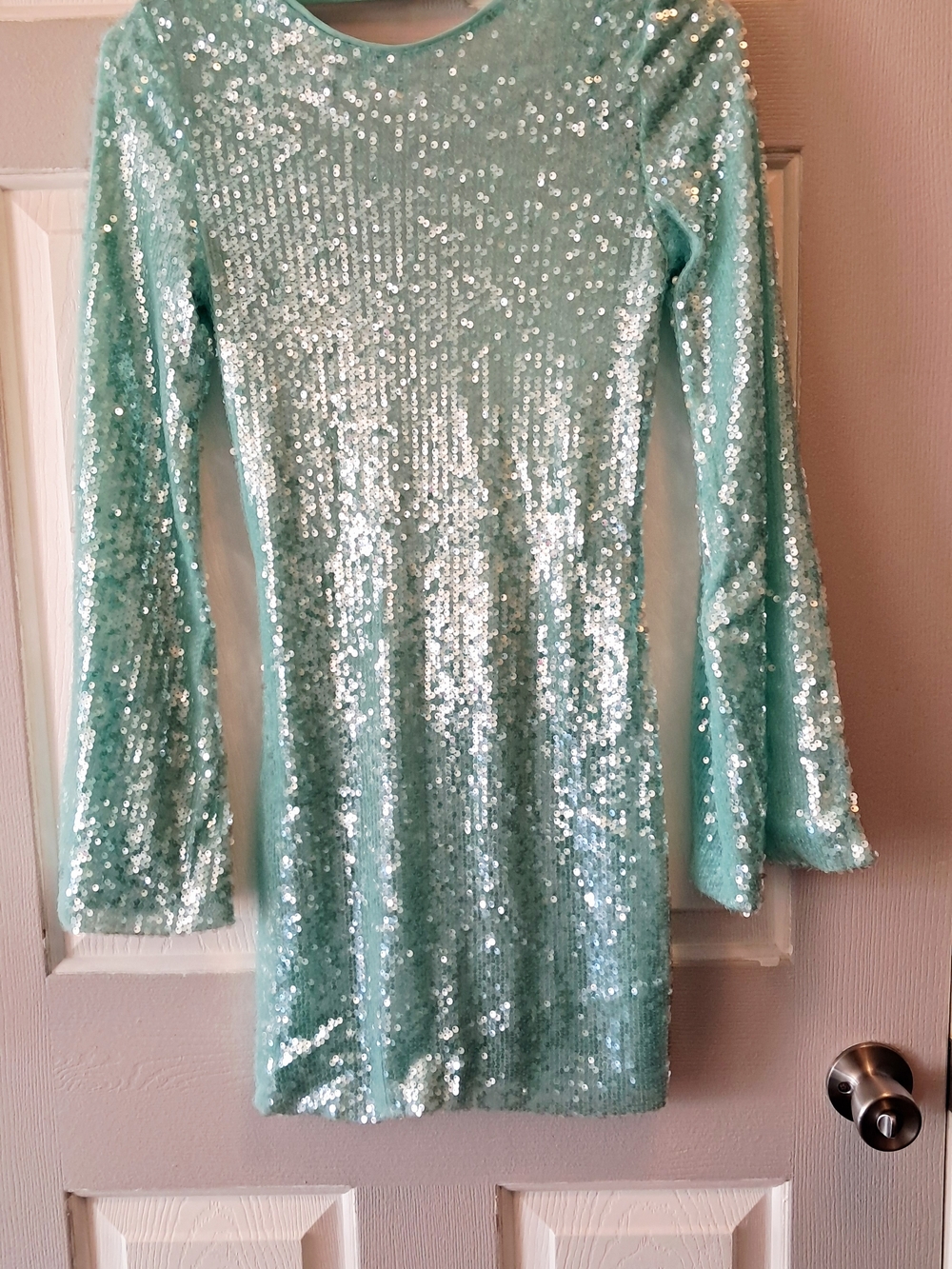 Fashion Nova Mint Green Sequin Long Sleeve Mini Dress